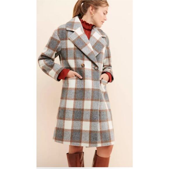 EUC Urban Outfitters Classic Checks Coat XS Plaid Double Breasted Wool Blend - Picture 1 of 14